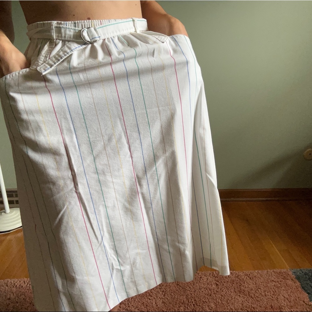 Colorful vintage 80s pinstriped skirt with belt.